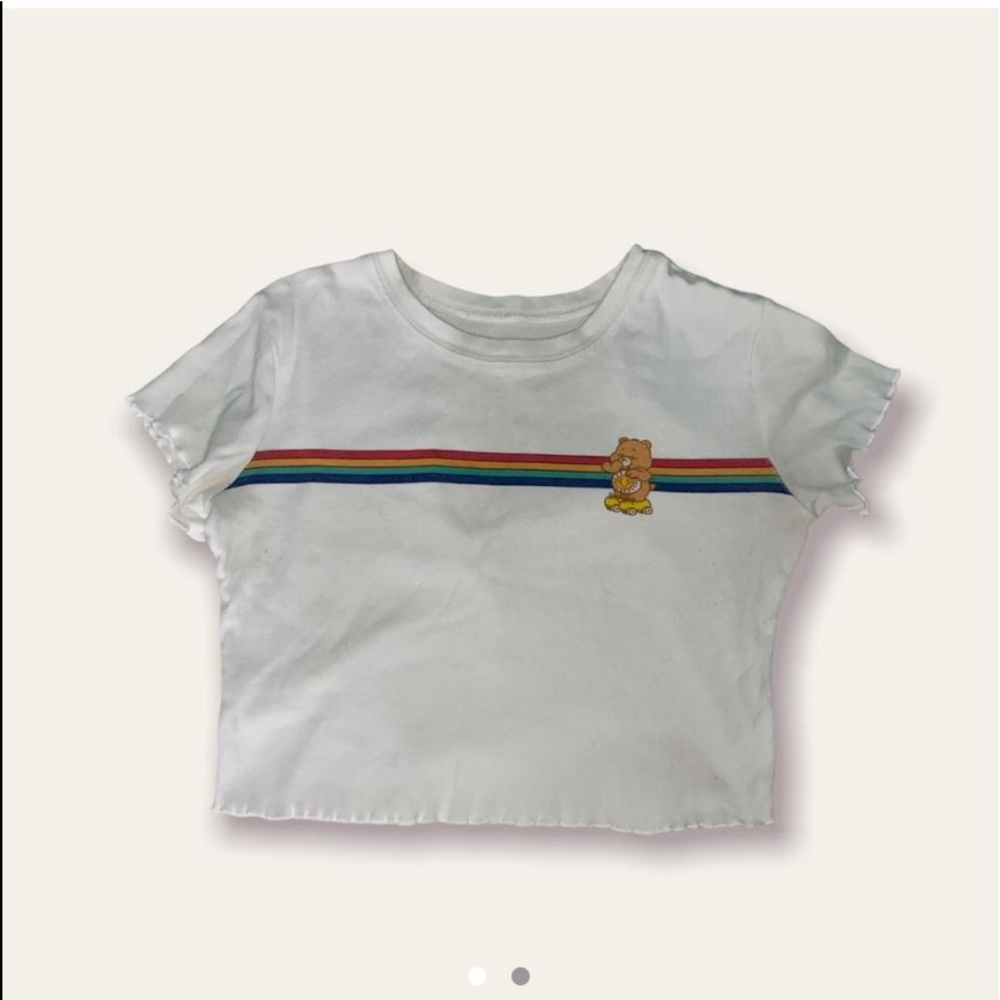 y2k white crop care bears rainbow lettuce hem baby tee